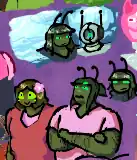 two unnaturally green people stand next to eachother. Ieda, the one on the left, stares forward while smiling, flower in her hair. Essie, the one on the right, is looking up and frowning at something. She is wearing a hairband with antennae. Two smaller drawings of Essie, and Essie (who is a robot with a single green eye and with antennae on the sides of her head.) The background is an ocean for Essie, and a cave with a light from up above for Essie (robot).