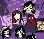 doodles of Mesmer smiling, thinking, and wearing a nightcap. Red is also there, with one red wearing a hood covering their head. The background is of the backyard of Mesmers house, drawn in a monochrome purple.