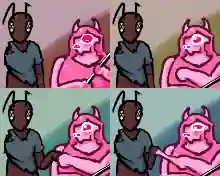 Zylvester, a bug-person with crossed out eyes and a missing arm, stands next to Acaud, a pink slime-person with a chunk of her face missing. They are staring down at something. Acaud snaps out of her shock to offer Zylvester a fist-bump, who takes it. The slime sticks to Zylvezters hand as the two pull away their arms.